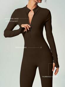 UONNOU 1 Piece Jumpsuit One-Piece Sportswear Peach Hip Lift Waist Control Abdomen Slim Leg Full Body Shaping Zipper Half-Opening Long Sleeve Thumb Hole Design Small Stand-Up Collar Suitable For Sports Skiing Cycling Gym Yoga Ball Sports Exercise Indoor And Outdoor Daily Leisure Seamless Ribbed Knitted Fabric Sportswear Autumn And Winter Style - Brown - View 5