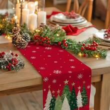 1pc Christmas Table Runner, Christmas Tree & Snowflake Winter Holiday Decor, Farmhouse Dining Table Decoration, 100% Polyester Linen-Like, Suitable For Kitchen, Dining Table, Coffee Table, Holidays, Parties, Weddings - Red - View 5
