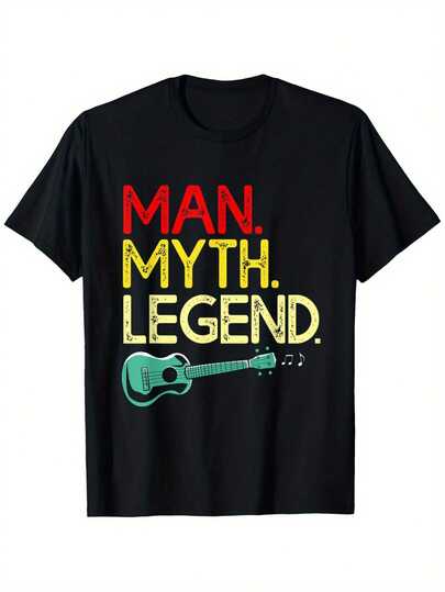 Camiseta gráfica de guitarra "Man Myth Legend" divertida para hombres - 100% algodón 180gsm, camiseta negra casual de cuello redondo y manga corta, tallas S-XXXL, festival de música al aire libre de verano y atuendo casual, camisetas de música, ropa temática musical, diseño de texto en negrita, camiseta de ajuste cómodo, calidad de impresión duradera, tela transpirable, ropa llamativa, material ligero, top impreso, ropa para adultos