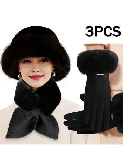 1pc/3pcs Women's Warm Winter Set, Includes Fuzzy Hat, Gloves And Scarf, Windproof And Thick, Suitable For Outdoor Activities, Ideal Gift For Christmas, Autumn And Winter