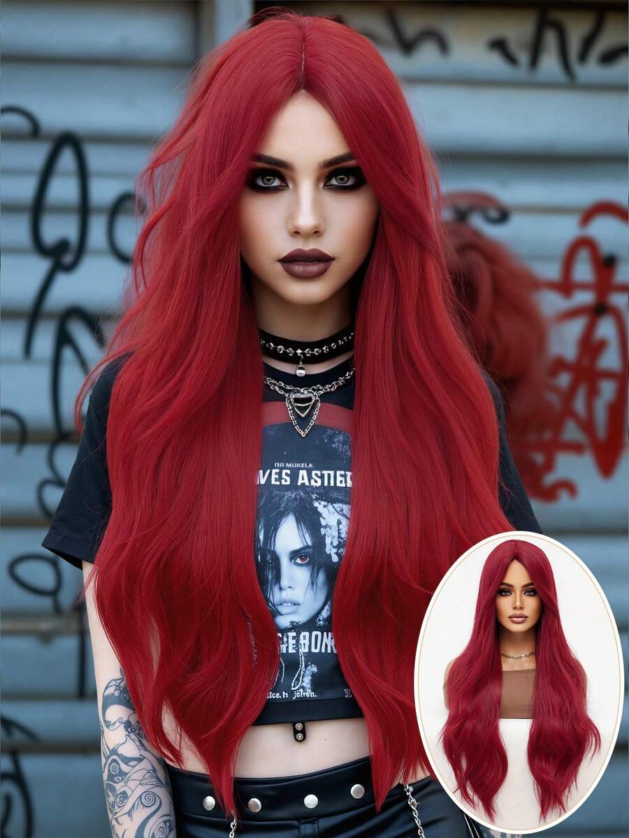 clouder Red Extra Long Curly Wig 30 Inch Cosplay Wig Halloween Christmas Wig Elegant Soft Matte Hair Loose Curls Casual Going Out Street Punk Wig Rock Wig Fluffy Natural Cool Girl Synthetic Heat Resistant Fiber Wig Suitable For Women Daily Party Wig Music Festival Wig Avant-Garde College Style Wig Modern Fashion Gothic Wig - 紅色 - 查看 1