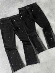 男士宽松休闲牛仔裤，简约时尚做旧牛仔裤，适合所有季节，夏季穿着 - 黑色 - 查看 1