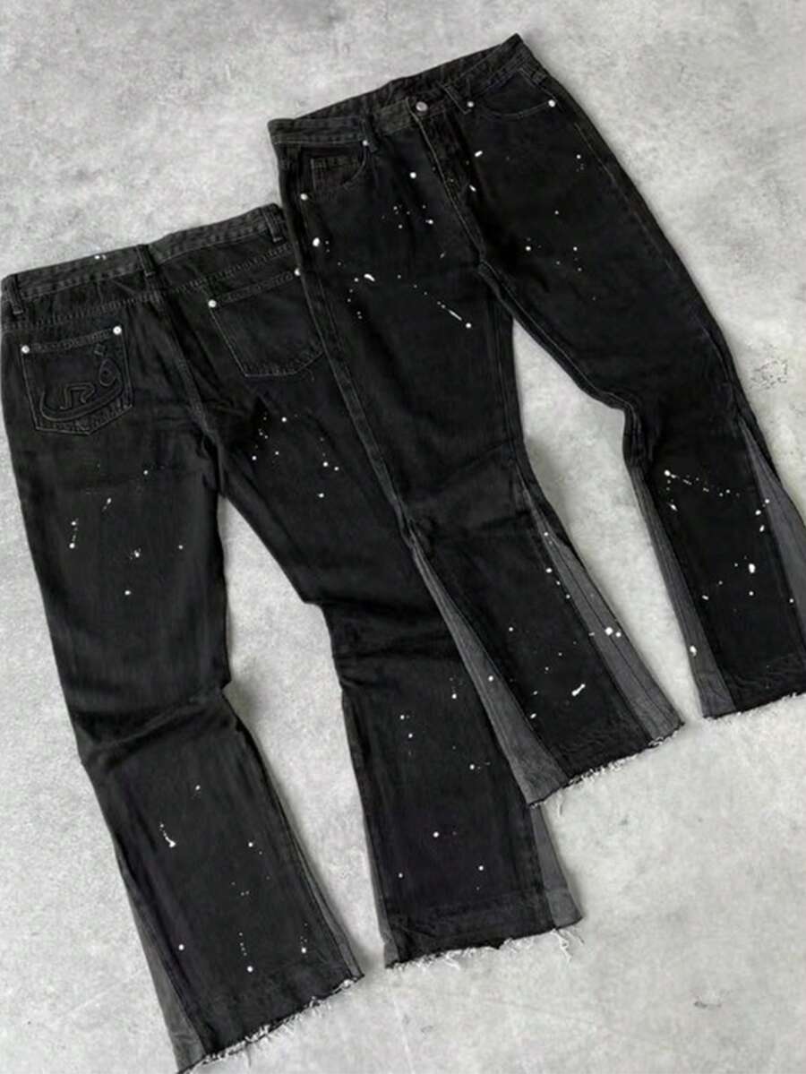 男士宽松休闲牛仔裤，简约时尚做旧牛仔裤，适合所有季节，夏季穿着 - 黑色 - 查看 1