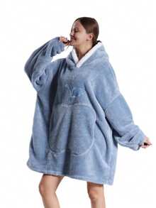 1pc Cozy Plush Fleece Hooded Blanket Sweatshirt - Reversible Oversized Unisex Adult Wearable Throw With Big Pocket, Light Gray, Hand Wash Only, Perfect Gift For Mom, Cute Sweater, Winter Warmth, Playful Fruit Design, Comfortable Fabric, Winter Comfort,Comfortable Flannel, A Must-Have For Halloween And Christmas, Nightgown, Warm And Cold-Proof