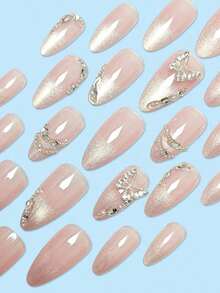 24 Pieces Long Almond Shaped Fake Nail Pink Fashionable Dance Butterfly Cat Eye Design Nail Kit With Long Press Nail Suitable For Holiday Wear, Parties, Friends, Dates, Daily Wear Press On Nails Nail Supplies Nails