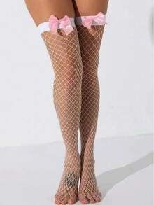1 Pair Sexy Women's Pink Fishnet Thigh-High Stockings With Bowknot Decor, Soft Knit Fabric, Elastic Cuff For Cosplay, Christmas Parties, And Romantic Occasions