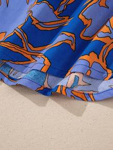 Acelitt Áo sơ mi nữ cỡ lớn in hoa phối màu tương phản, tay cánh dơi, dáng rộng, cài cúc, thích hợp cho kỳ nghỉ xuân/thu. - Màu xanh lam - Xem 10