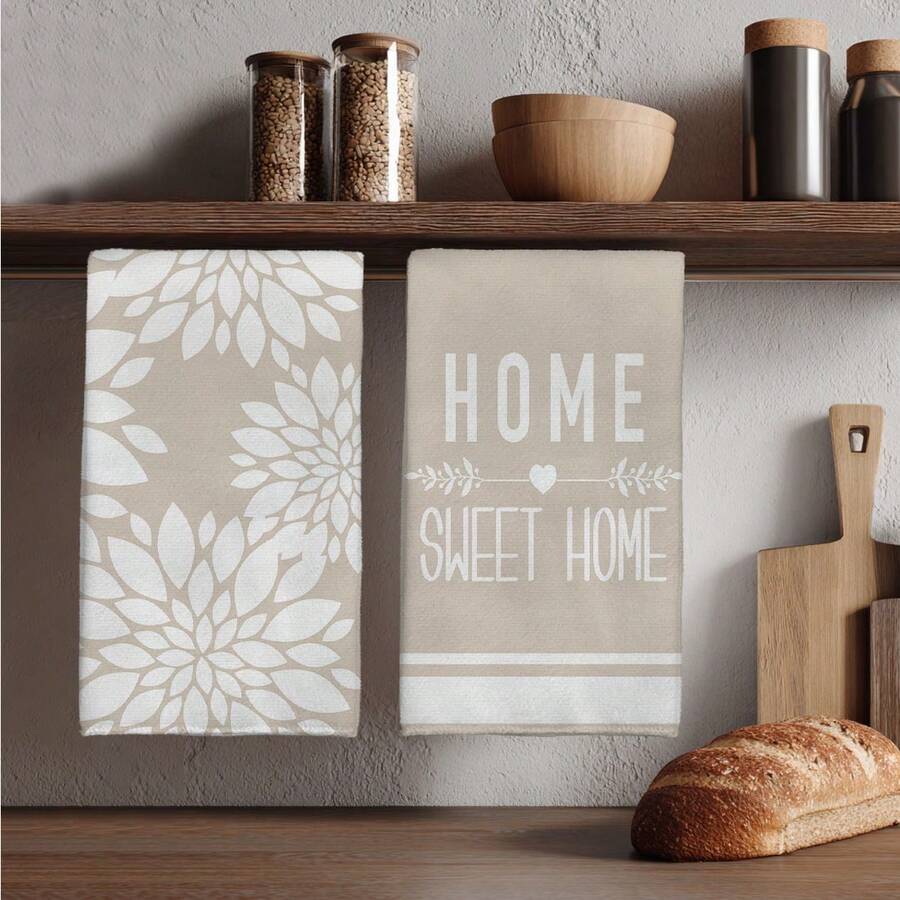 MEMNUN 2件裝現代簡約卡其色幾何花卉剪影 Home Sweet Home 文字印花廚房巾 40*60cm/45*70cm 超細纖維柔軟抹布 手巾 家居裝飾 廚房裝飾 聖誕裝飾 烹飪烘焙茶巾 廚房配件 可機洗 清潔用品 適用於餐廳廚房 聖誕節裝飾與禮物 全季節 - 彩色 - 查看 1