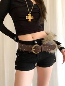 1pc Women's Brown PU Leather Double Row Antique Copper Rivet Fuzzy Belt