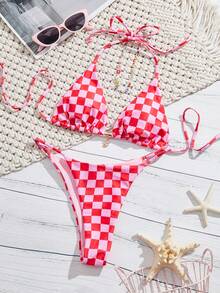 PEPPERMOLLY 女士性感时尚双色格子两件式泳衣，露背吊坠领口设计，配星星吊坠配饰，夏季沙滩比基尼套装，随机印花 - 粉色 - 查看 9