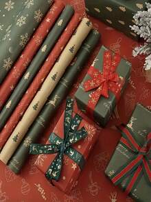 7 rollos de papel de regalo de Navidad de estilo vintage con patrones clásicos de árboles, adecuado para la decoración navideña