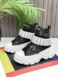 SLnU3 SLNU★3 Fashion Casual Thick Sole Elevated Punk Style Double Row Cone Decor Unisex Boots, Suitable For Outdoor, Party, Street, Campus, All Seasons - White Cones - View 10