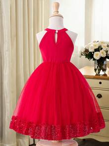 Girls' Elegant Solid Color Sequin Mesh Dress, Spring/Summer