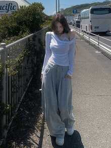 女式荷叶边长袖不对称肩部白色性感T恤 - 白色 - 查看 10