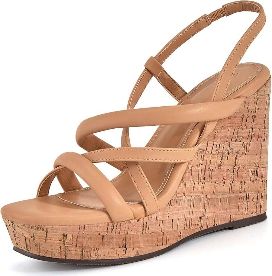 Women Platform Wedge Sandals Cork Slingback Wedges Espadrilles Heels Summer Fashionable Shoewear - Camel - View 1