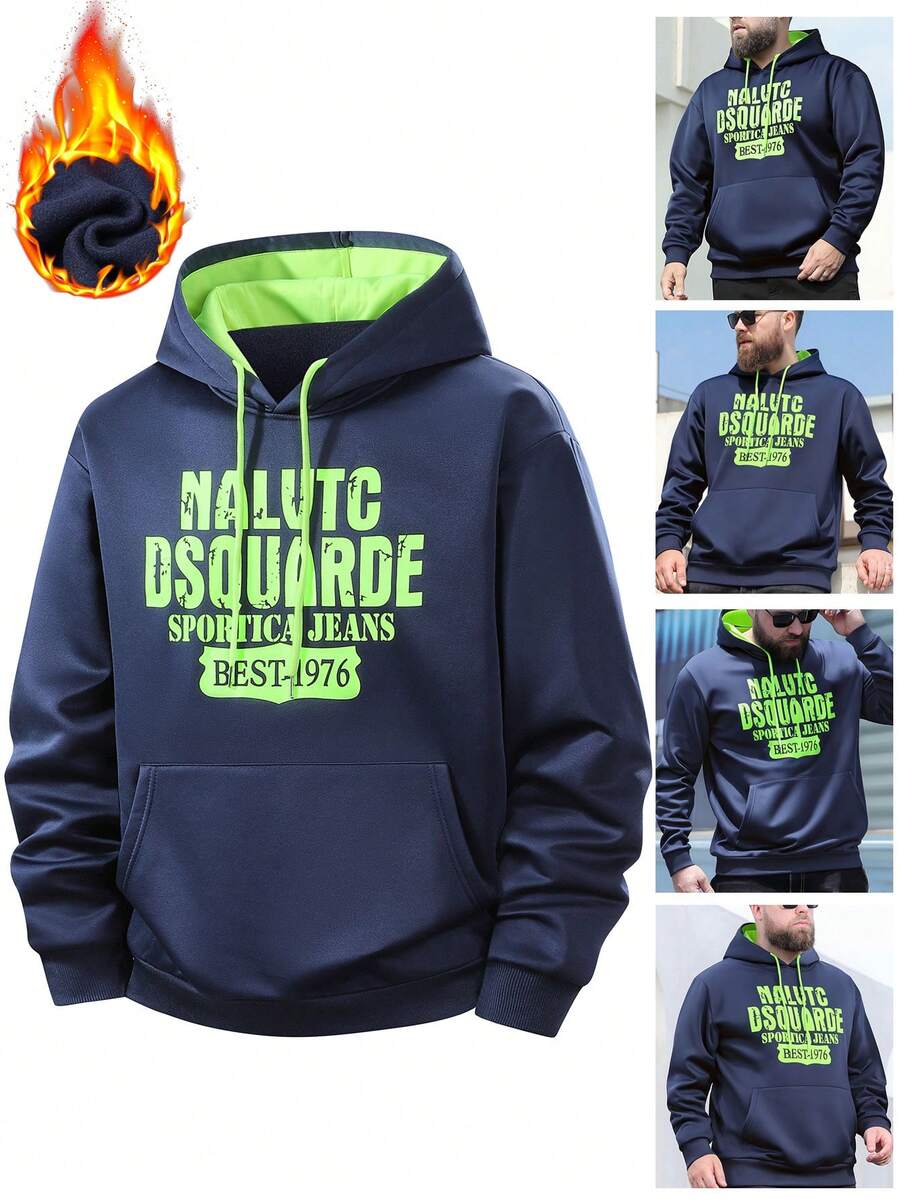 1pc Men Plus Size Hooded Solid Color Thermal Lined Sweatshirt, Casual Everyday Wear, Outdoor, Hiking, Student, Sports Jacket - Blue - View 1