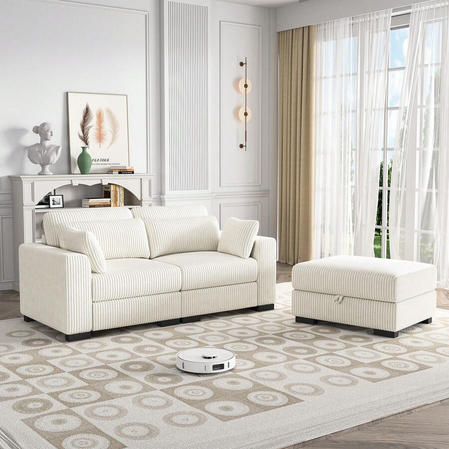Sofa Set, Modular Sofa, 2-Seater Sofa, Double Sofa, Single Sofa, Ottoman, Loveseat Sofa With Cushions, Loveseat Sofa For Living Room, Bedroom, Corduroy Fabric, 180 X 87 X 85 Cm, Beige - 杏色 - 查看 1