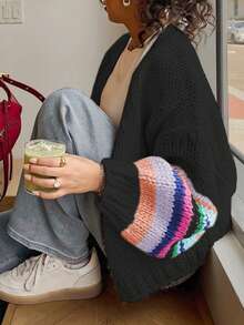 Áo khoác cardigan dệt kim dài tay dày dặn, kiểu dáng retro thu đông mới dành cho nữ, màu kem tương phản dễ thương, mềm mại, nhiều màu sắc, phù hợp cho mùa đông, đi học, phong cách Y2K, thời trang đường phố, phong cách vintage, hoàn hảo cho hẹn hò, ăn uống và các hoạt động ngoài trời. - màu đen - Xem 1