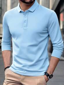 Men's Long Sleeve Polo Shirt, Casual Lightweight Business Solid Color Simple Campus Style Long Sleeve T-Shirt, Autumn/Winter