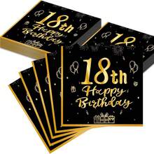 Gold-Stamped 18th Birthday Happy Patterned Tissue Paper. Disposable Printed Table Napkins For Party And Gathering, 20 Pieces.