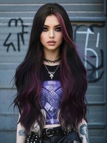 clouder Black Highlight Purple Extra Long Curly Wig 30 Inch Cosplay Wig Halloween Christmas Wig Elegant Soft Matte Hair Loose Curls Casual Outing Street Punk Wig Rock Wig Fluffy Natural Cool Girl Synthetic Heat-Resistant Fiber Wig Suitable For Women Daily Party Wig Music Festival Wig Avant-Garde College Style Wig Modern Fashion Gothic Wig - 挑染紫色 - 查看 2