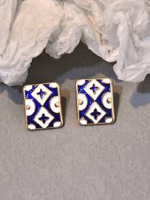 1 对复古几何珐琅奢华耳环，优雅设计，适合女性