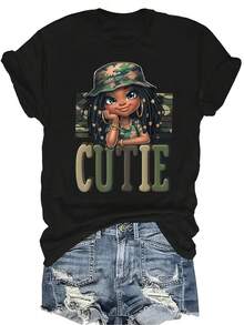 [Camiseta de Moda Casual] Camiseta de mujer suave y cómoda - Casual de manga corta con cuello redondo, Estampado de camuflaje lindo, Regalo perfecto para la abuela y la mamá, Uso casual de primavera y verano - Negro - Ver 1