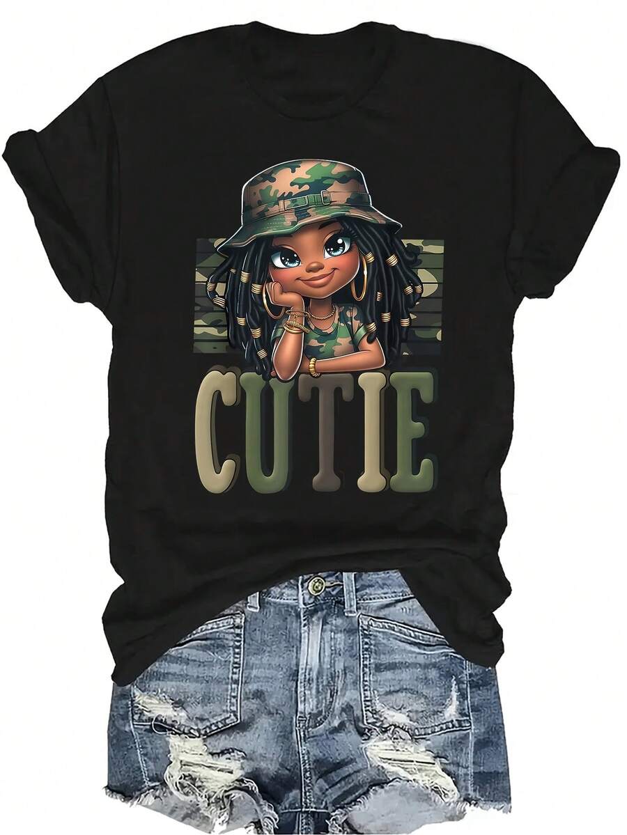 [Camiseta de Moda Casual] Camiseta de mujer suave y cómoda - Casual de manga corta con cuello redondo, Estampado de camuflaje lindo, Regalo perfecto para la abuela y la mamá, Uso casual de primavera y verano - Negro - Ver 1