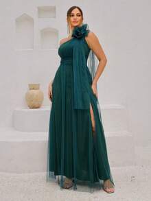 Long One-Shoulder Dress With Glittery Flower - Army Green - View 2