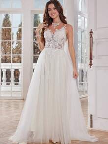 Elasola 优雅V领蕾丝婚纱，露背细肩带薄纱新娘礼服，适合婚礼派对，透视上衣贴花系带露背婚礼正式礼服，适合新娘户外婚礼派对，女士礼服。 - 米色 - 查看 9