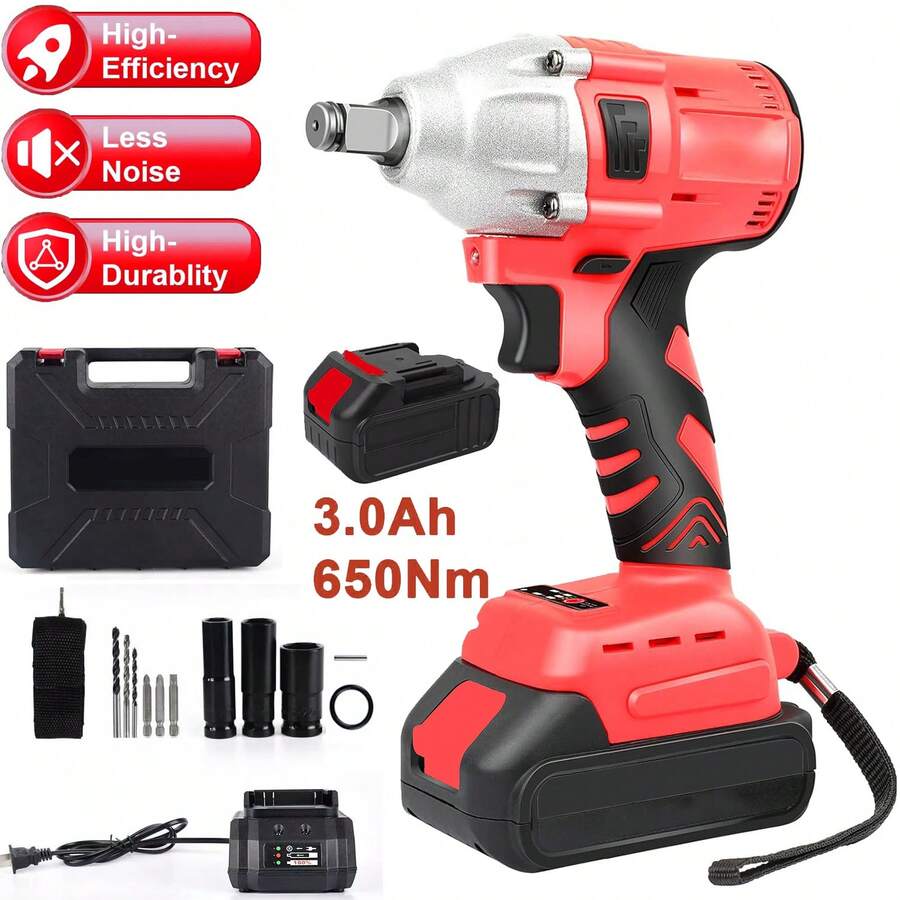 Cordless Impact Wrench 650Nm 20V High Torque Impact Gun 1/2 Inch With 3.0Ah Battery And Fast Charger Cordless Impact Driver Dual Drill/Ratchet Port, For Car,Construction,Building,DIY