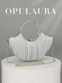 OpulAura 女士金属奢华晚宴手拿包，优雅皮革正式手提包，闪光晚会手提包，适合礼服，适合正式活动、晚会、派对、婚礼、新娘、伴娘、生日 - 銀色 - 查看 2
