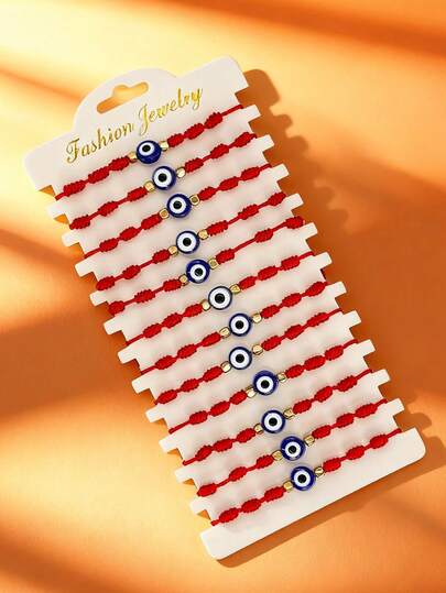 1/2/6/12件套邪眼手链套装，精致百搭的恶魔之眼幸运红绳手链，女士叠戴手链套装，Y2K手链，可调节手链，女士珠宝配饰，友谊手链，女士金色方形隔珠手链，情侣手链，西式手链，西式女士珠宝