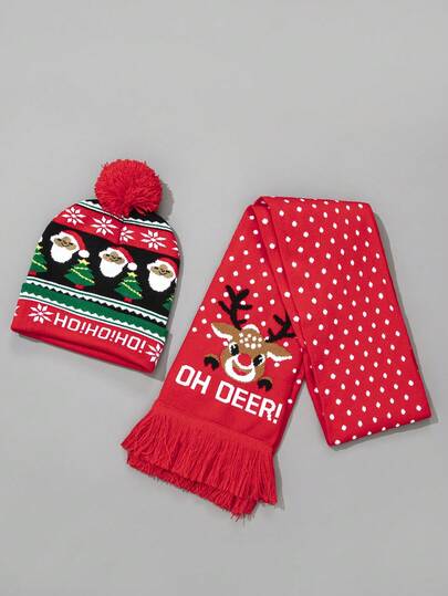 2 Stücke gestrickter Weihnachtsmützen-Schal-Set mit Rentier-Muster, winterwarme farbige gestrickte Mütze, Weihnachtsgeschenk für Neujahr Weihnachtsfeier Dekoration