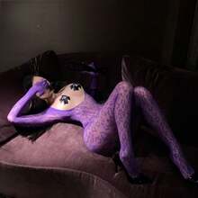 女士性感深 V 豹纹网眼连体裙黑紫色撞色豹纹图案，侧面镂空透视胸口设计，两穿款式（内穿/外穿），柔软透气网眼可调节 V 领抽绳（防滑）非常适合圣诞派对、平安夜约会、新年前夜聚会、万圣节服装、浪漫约会之夜、俱乐部郊游主题派对造型 - 彩色 - 查看 3