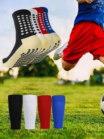 1 Set Yellow Base Football Socks + Leg Sleeves, Sweat-Absorbent Breathable Silicone Non-Slip Socks Suitable For Various Outdoor Sports