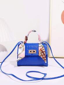 1pc Girls' Solid Color Mini Crossbody Bag, Scarf Decor Handbag, Suitable For Daily Use, Ideal Gift Choice - Royal Blue - View 4