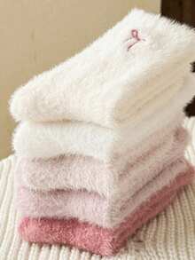 1/5 Pairs Women Autumn/Winter Fashion Versatile Socks, Bow Decor Mid-Calf Socks, Suitable For Home, Outdoor, Sleeping, Warm