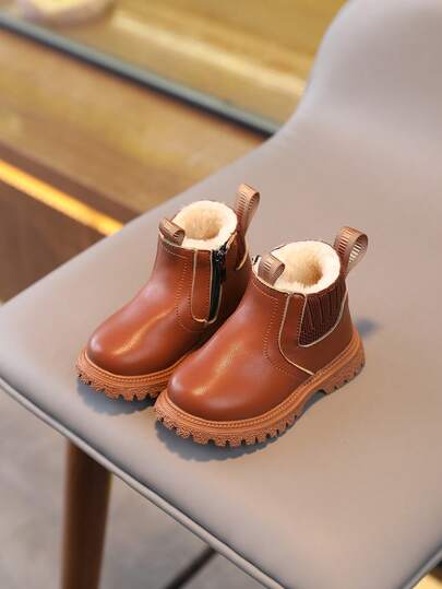 1 par de botas de otoño/invierno de unicolor de moda para niños, botas de forro polar casuales para niñas, botas cortas de tobillo cálidas unisex para niños, adecuadas para exteriores en otoño/invierno (el tamaño es talla grande pequeño)