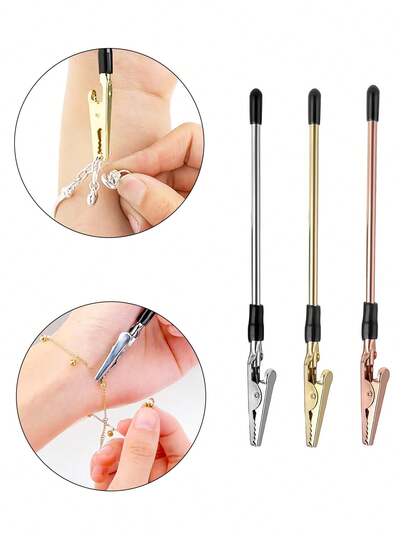 1 pieza/3 piezas Herramienta auxiliar para usar pulseras, Herramienta auxiliar de pulsera de varios colores, Herramienta auxiliar de accesorios, Clip auxiliar de apriete de pulsera tipo caimán, Adecuado para herramientas de joyería de mujer, Utilizado para pulseras de joyería, collares, hebillas de relojes, apriete de corbatas y cremalleras, Dispositivo de enganche y apriete de pulsera multifunción