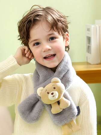 1 Stück Unisex Kinder Cartoon Bär Kunstfell Warm Schal, süß für Outdoor-Aktivitäten und den täglichen Gebrauch