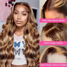 CEXXY Halloween Wigs 34 Inch Ombre Honey Blonde Lace Front Wig Human Hair 13x4 Highlight Body Wave Lace Front Wig Human Hair Pre Plucked With Baby Hair 4/27 HD Lace Wig Human Hair 200% Density Colored Wigs - S4/27 - 查看 8