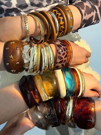 Random 21pcs/16pcs/11pcs/8pcs/4pcs/1pc Vintage Elegant Metal Multi-Element Retro Geometric Asymmetrical Acrylic Tie Dye Transparent Brown Blue Green White Leopard Print Thick Resin Bracelet