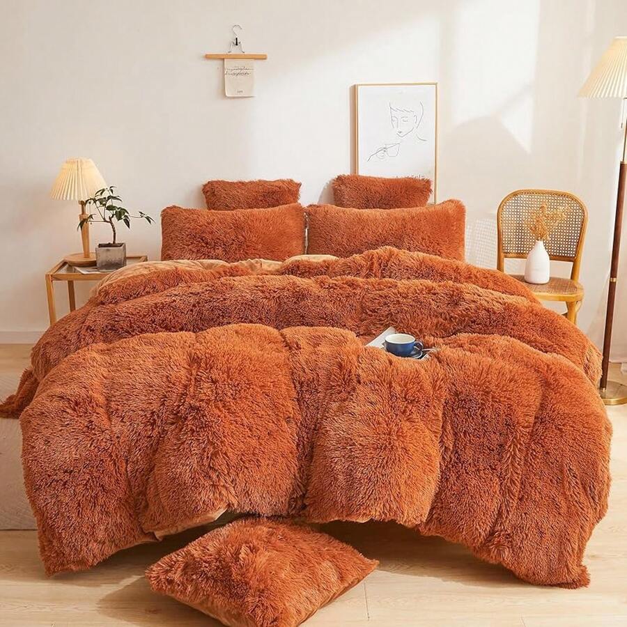 Plush Shaggy Duvet Cover Set, Ultra Soft Fluffy Bedding Sets 3 Pieces (1 Fuzzy Comforter Cover + 2 Pillow Cases), Zipper Close (, Pink), Luxury Bedding - Burnt Orange - 查看 1
