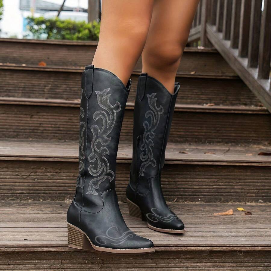 Women's Thick Heel Suede Material Pull-On Embroidered Brown Western Boots, Square Toe Mid-Calf Shaft Casual Riding Boots, Fashion Versatile Short Shaft Cowgirl Boots, Fall/Winter New - 黑色 - 查看 1