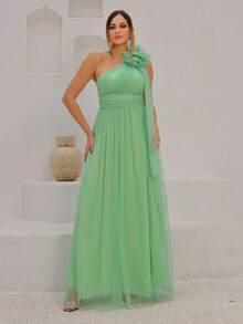 Long One-Shoulder Dress With Glittery Flower - Mint Green - View 3