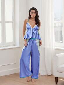 Women's Pajama Sets Lace Patchwork Spaghetti Strap Ruffled Cami Tops With Loose Pants 2Pcs Soft Sleepwear - Blue-purple - View 2