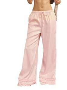 Women's Wide Leg Pajama Pants Casual Solid Color Ruffled Loose Fit Drawstring Lounge Pants - 粉色 - 查看 7