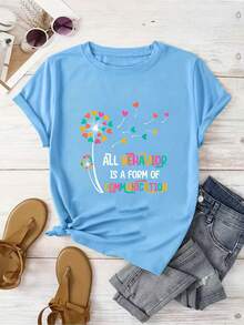 Women'S Inspirational Quote T-Shirt, "All Behavior Is A Form Of Communication" Graphic Tee, Casual Crew Neck Short Sleeve Top, 100% Knit Fabric, Regular Fit, All Seasons, Ladies T Shirts - 淺藍色 - 查看 1