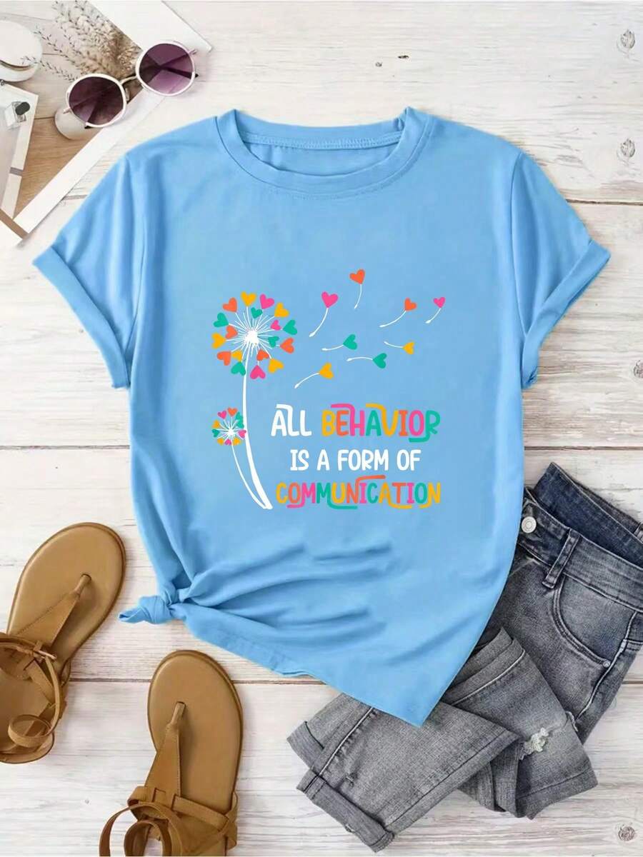 Women'S Inspirational Quote T-Shirt, "All Behavior Is A Form Of Communication" Graphic Tee, Casual Crew Neck Short Sleeve Top, 100% Knit Fabric, Regular Fit, All Seasons, Ladies T Shirts - 淺藍色 - 查看 1